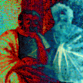 You see an mosaic of Plato.  This particular mosaic doesn't appear to have held up over the years.