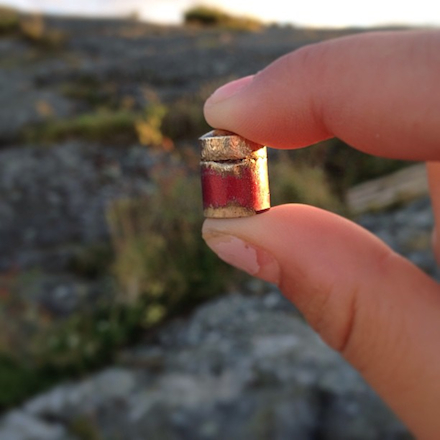 A cacher holds a tiny metal, magnetized container between her thumb and forefinger as the late afternoon soon slants between her fingers.