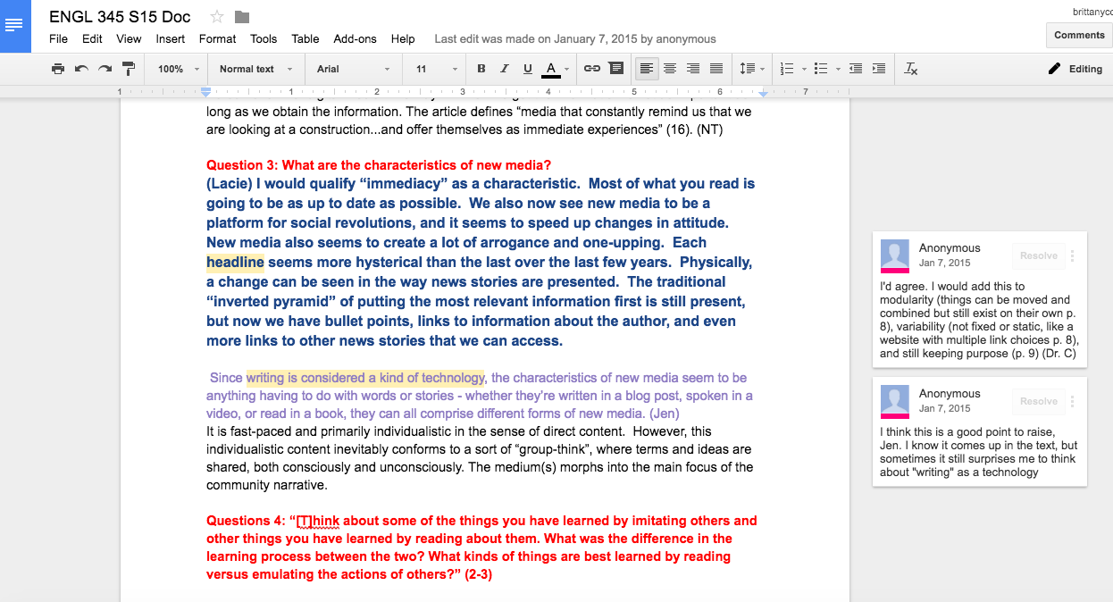 An image of a shared google document that was used for multiple syncrhonous co-authorship in the construction of this review text.