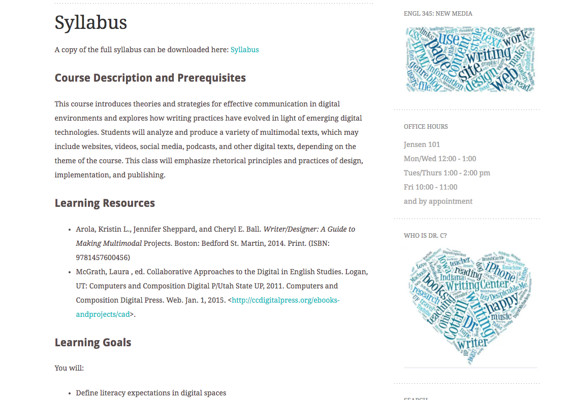 An image of a syllabus from the class that authored this review including the Course Description and Prerequisites, Learning Resources, and Learning Goals