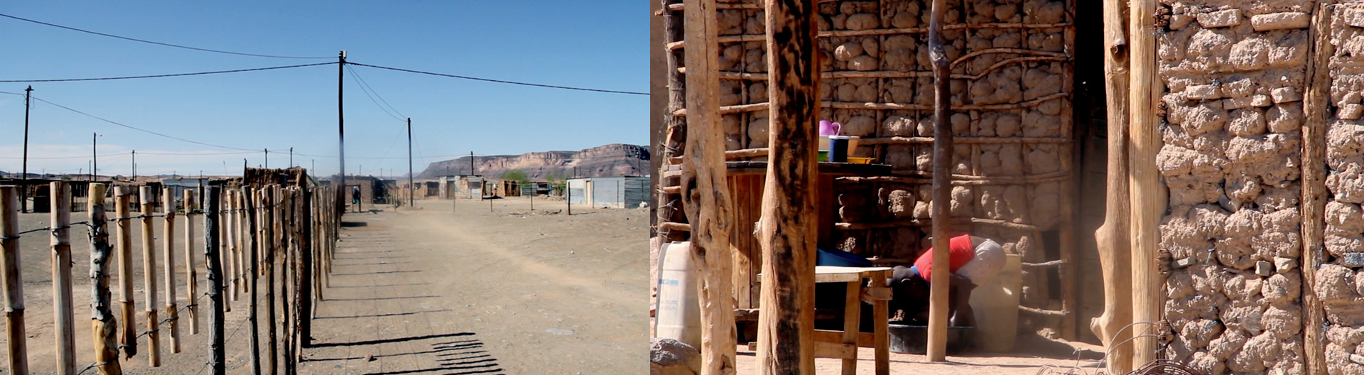 Images depict the resourceful ways that locals in Namibia have constructed fences and homes. Left is an image of a fence constructed from branches and wire; right, view of the gridded tree and mud construction from which homes have been built.