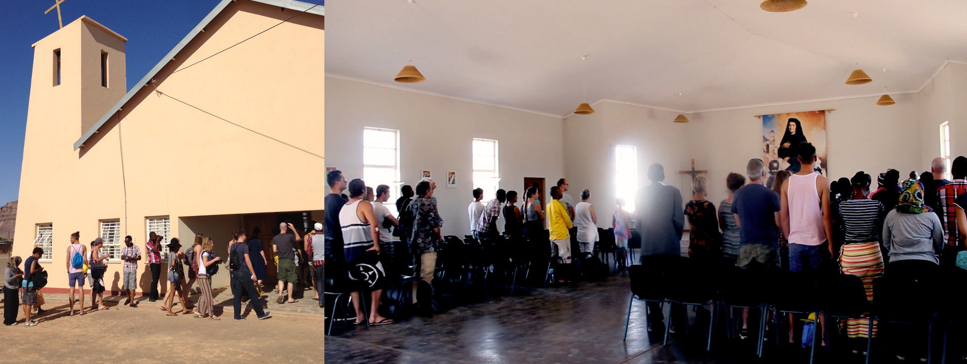 Images depict students and members of the community entering and standing at a church in Namibia.