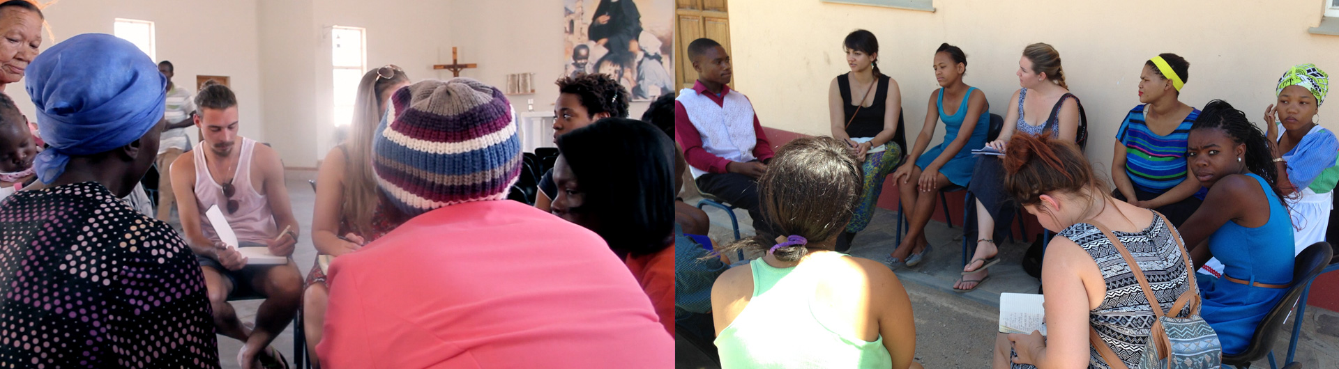 Images depict students engaged in discussions with community members at the church. Students can be seen taking fieldnotes.