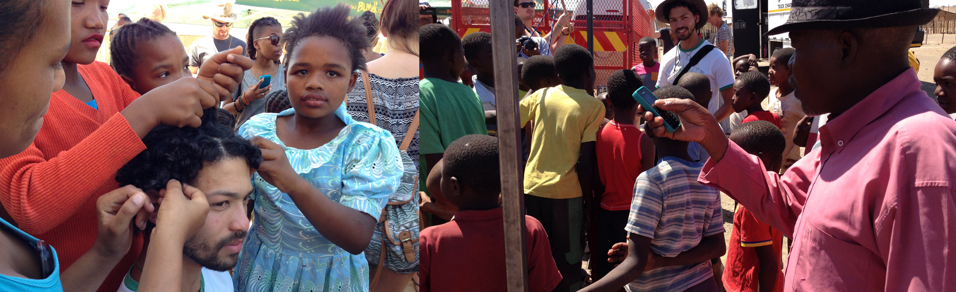 Images depict members of the community interacting with students. Left, children braid Corbin's hair; Right, young children gather around a student, while a man texts on his cellphone in the foreground.