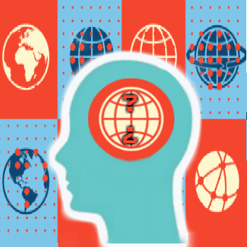 image of head with globe inside and question marks