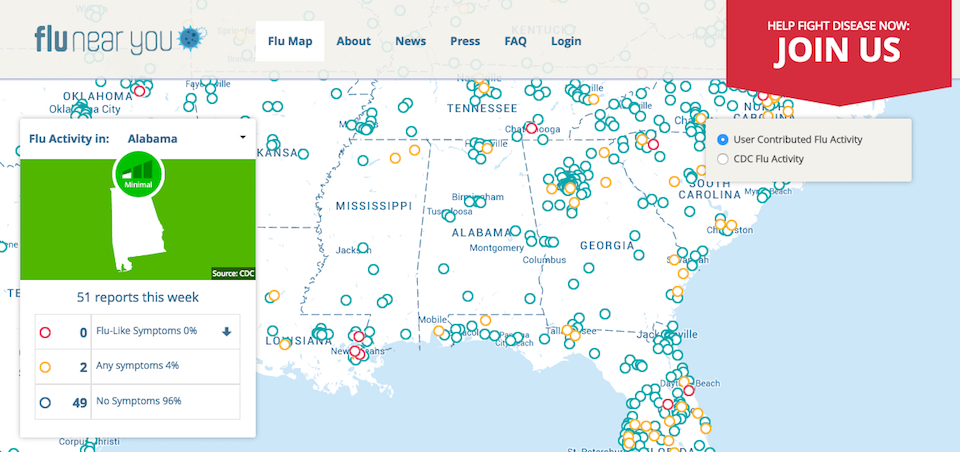 Detail of user-contributed flu activity in the southeastern United States.