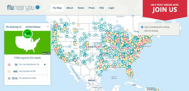 Screenshot of flu activity reported by FNY participants in the continental US. Red circles indicate participants who reported flu symptoms. Yellow circles indicate participants who report any of the symptoms of flu that the program tracks. Blue circles indicate participants who reported no symptoms.