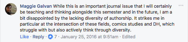 A screenshot from a Facebook conversation about a lack of diversity among authors in this issue