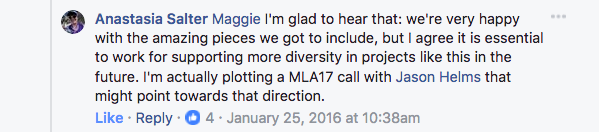 A screenshot from a Facebook conversation about a lack of diversity among authors in this issue