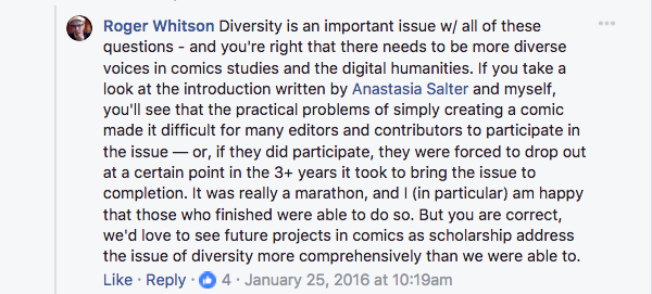 A screenshot from a Facebook conversation about a lack of diversity among authors in this issue