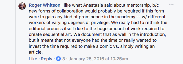 A screenshot from a Facebook conversation about a lack of diversity among authors in this issue