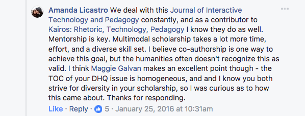 A screenshot from a Facebook conversation about a lack of diversity among authors in this issue