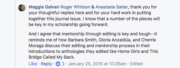 A screenshot from a Facebook conversation about a lack of diversity among authors in this issue