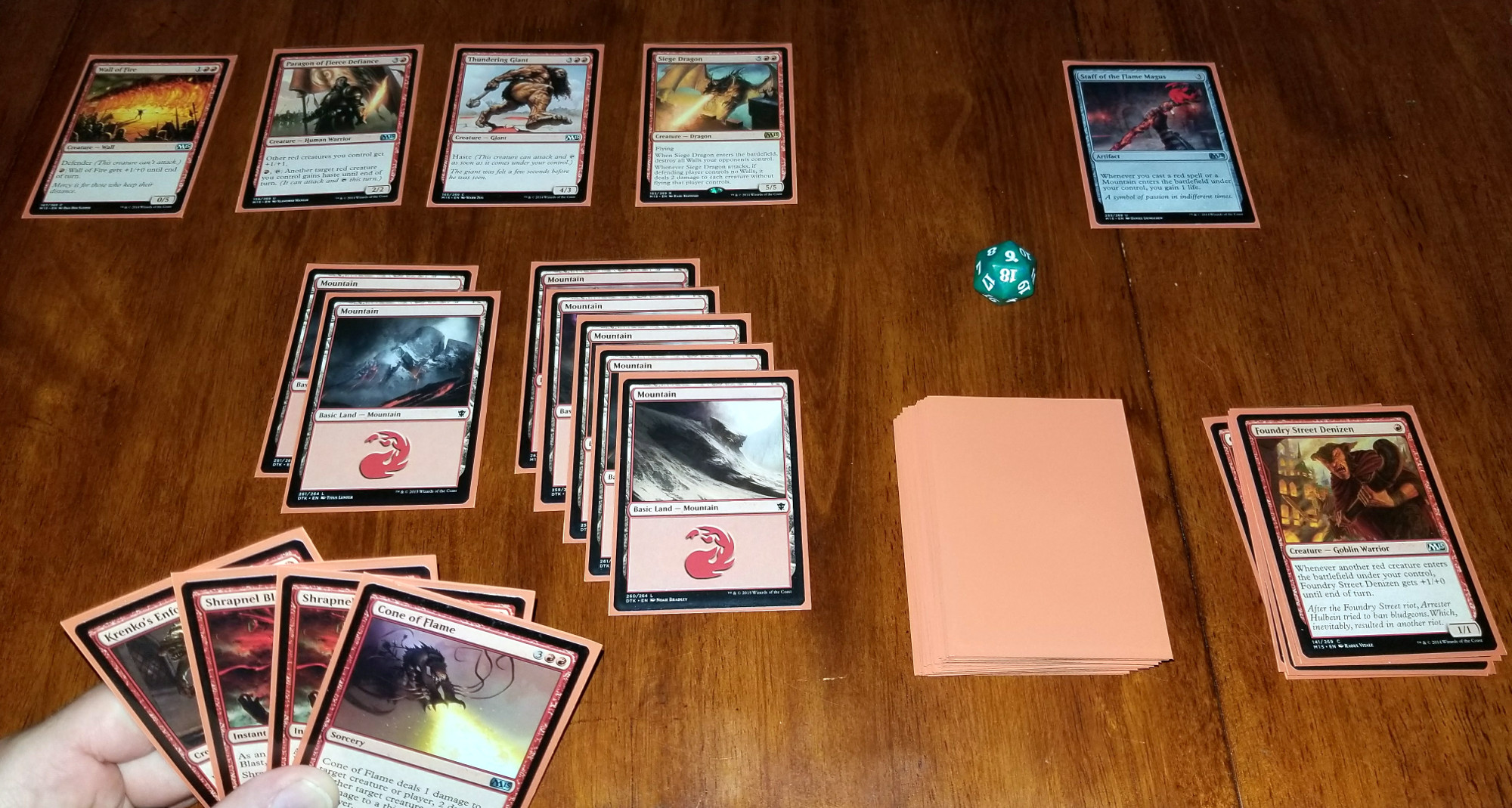 Photo of a player's typical battlefield area on a tabletop as described in the paragraph below.