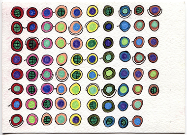 Sophia Goff front postcard #1 ten columns of multicolored circles