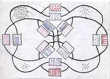 Thomas Matthew front postcard #1 two figure-8 lines, rectangles filled with dots