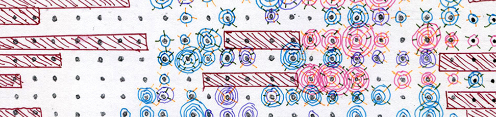 small rectangle with grid of dots, rectangles and circles, from Danielle Sharkey's postcard