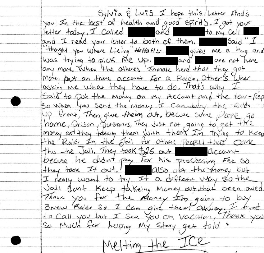 a scanned letter written on lined notebook paper. transcript in caption.