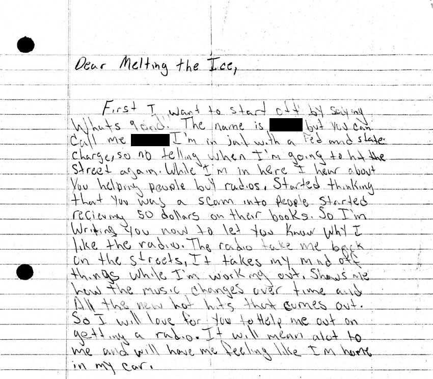 a scanned letter written on lined notebook paper. transcript in caption.