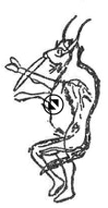 A rock pinting of a figure playing a nose flute or musical bow