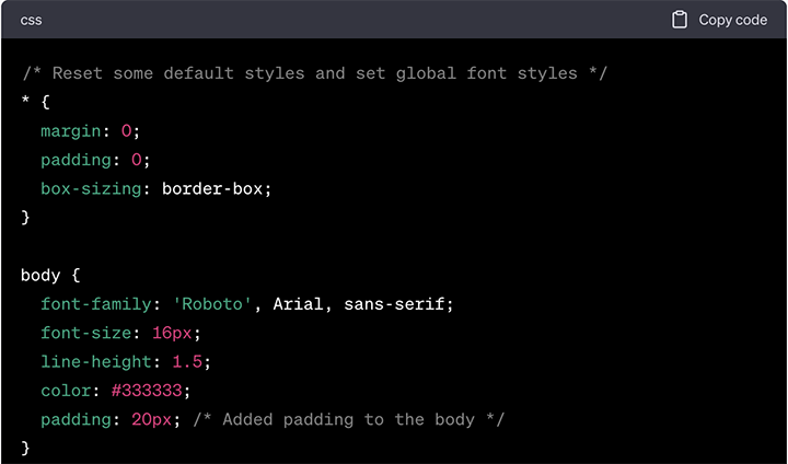 CSS code output by ChatGPT