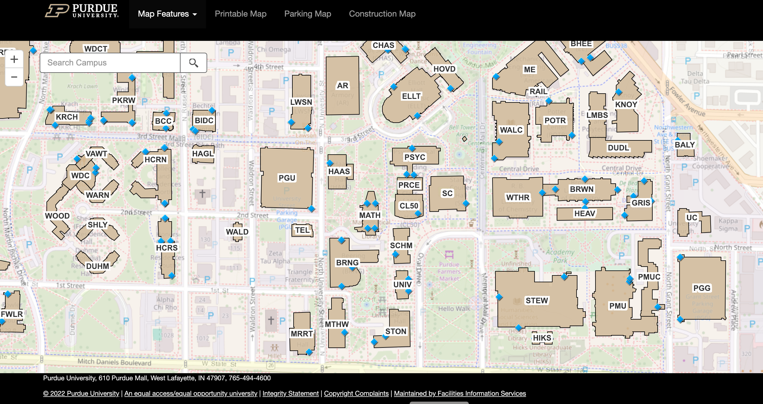 map of Purdue University with blue diamonds marking accessible entries