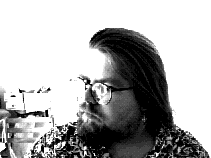 black and white photo of Johndan, white man with glasses and long hair