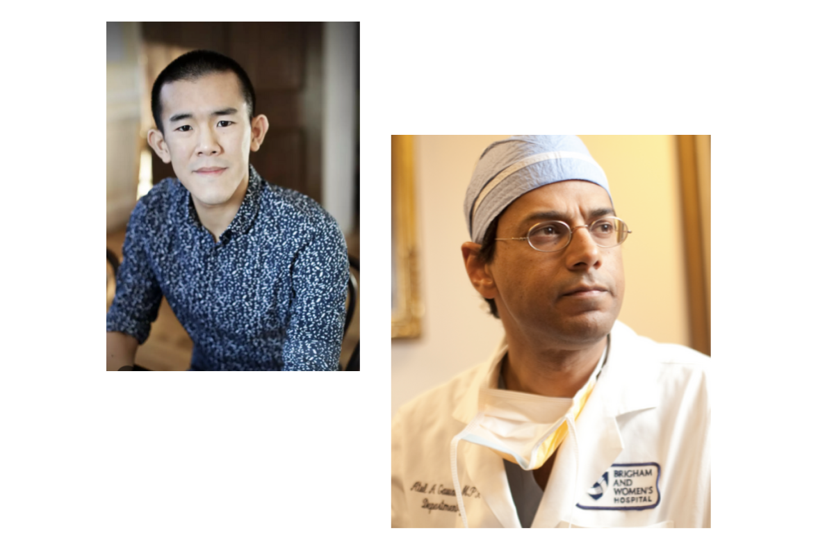 On the left, Ed Yong, an Asian-American male wearing a blue shirt. On the right, Atul Gawande, an Indian-American male wearing surgery scrubs and glasses.