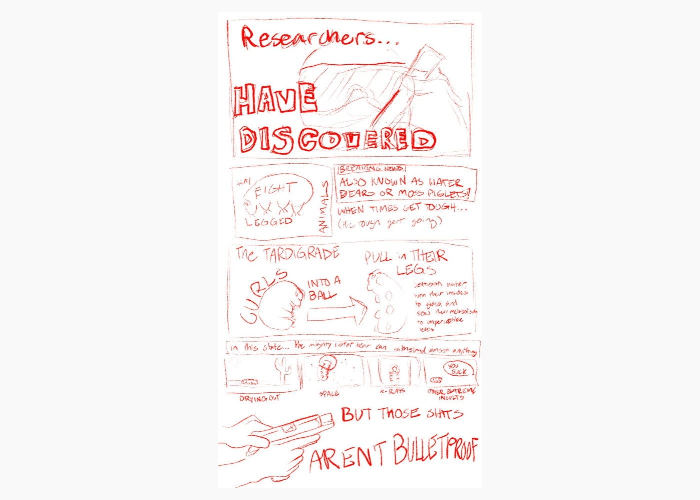 A hand-drawn comic in red pencil. Longer description in caption.