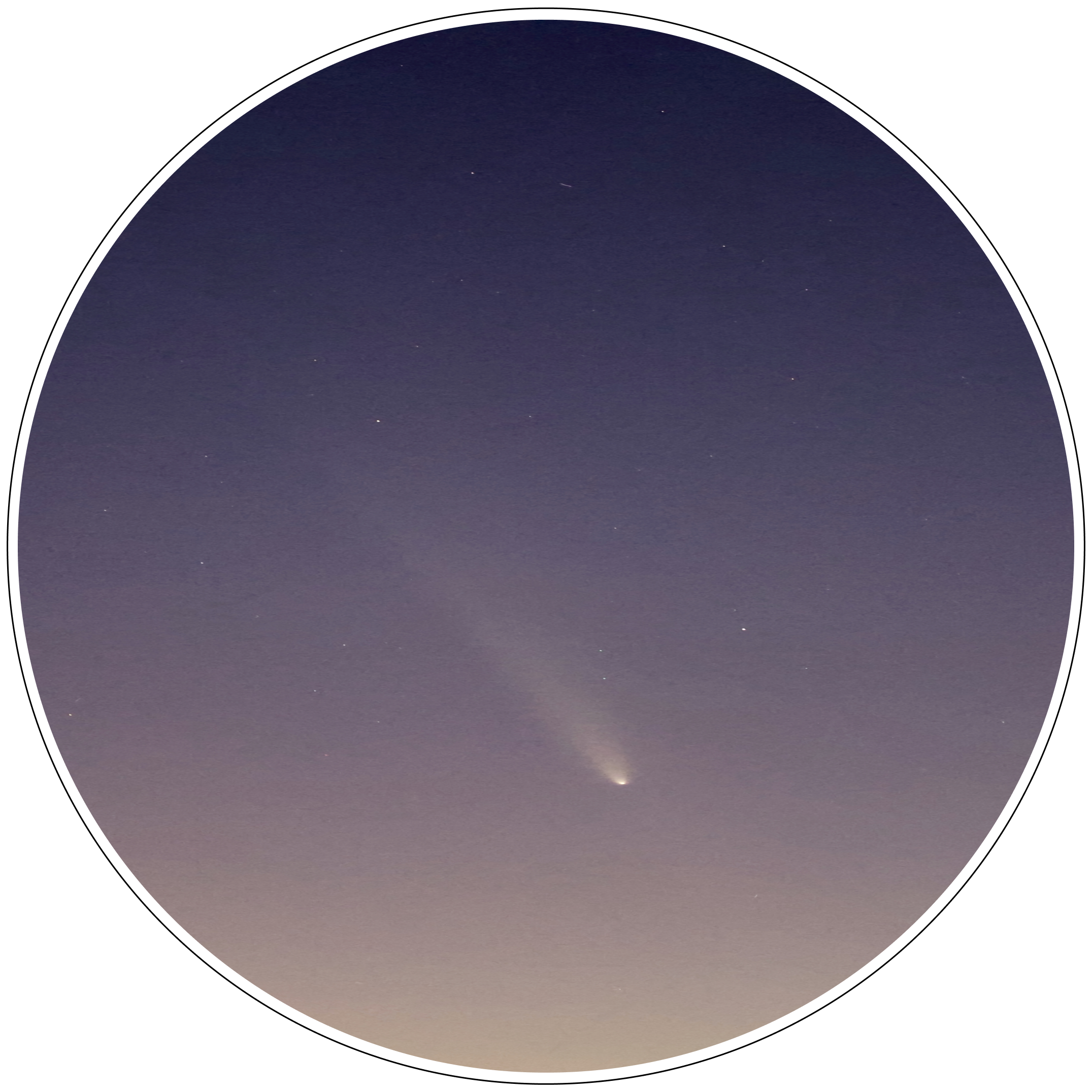 A comet against the purple sky of twilight. The photo is circular, with the comet's long tail starting at 10:00 and extending at a downward, left-to-right angle to the comet's head at 4:00.
