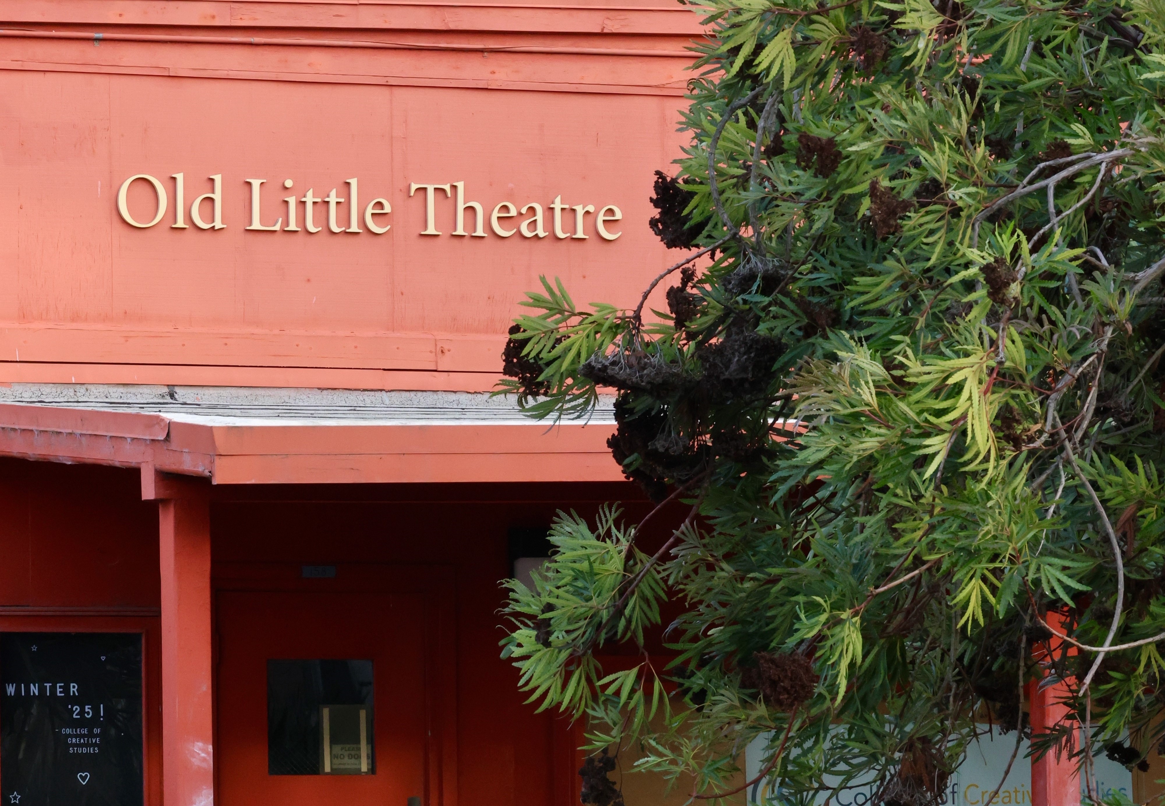 The entrance to a shabby-chic campus theater made of wood: faded red-ochre outer walls, a doorway with an awning supported by a red-ochre four-by-four beam, a tree that obscures much of the front. The words 'Old Little Theatre' in gold stand out on the wall above the awning.
