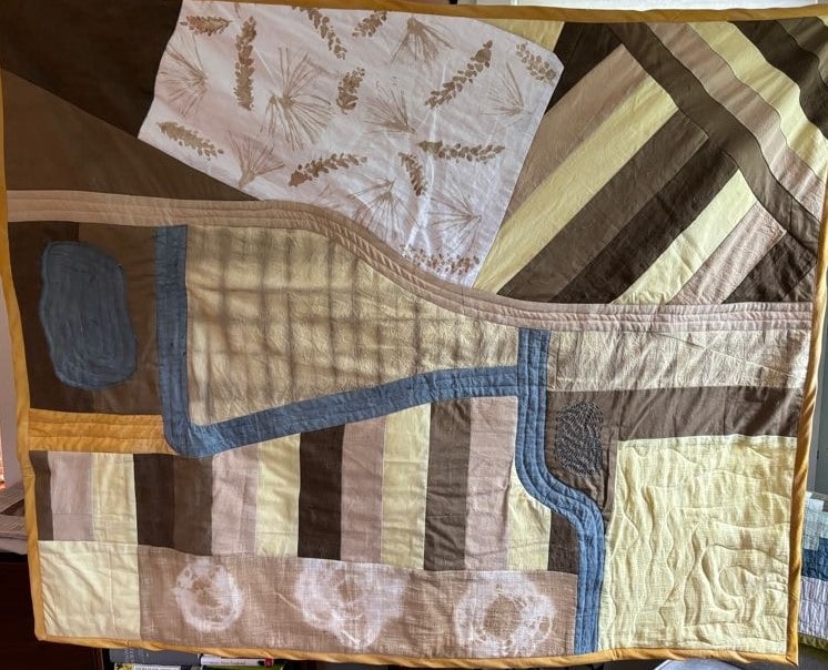 A quilt of yellows, browns, blues, and golds, representing an aerial view of the North Woods, including trails, water features, and plant communities.