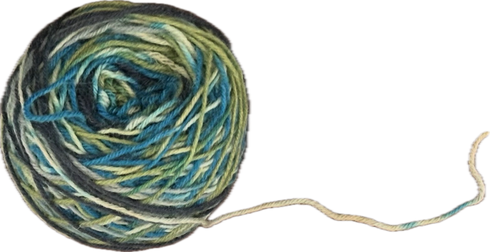 A green, blue, cream, and black-colored ball of yarn.