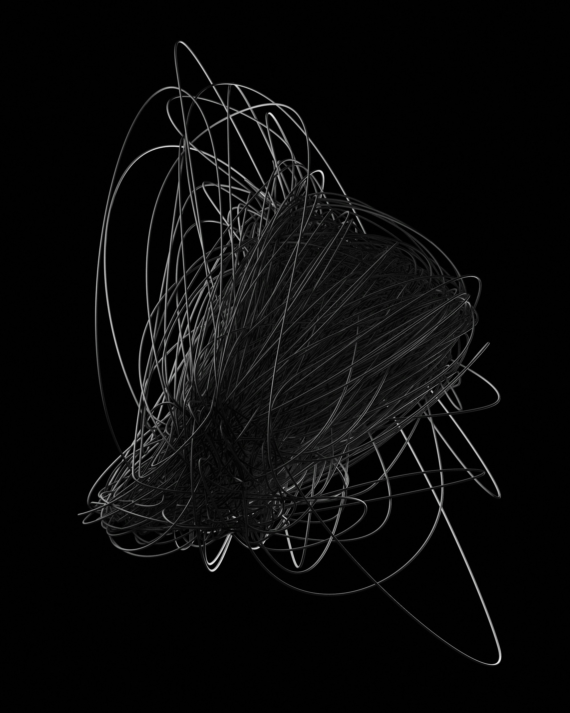 A long, grey line folds into itself creating a large tangle.